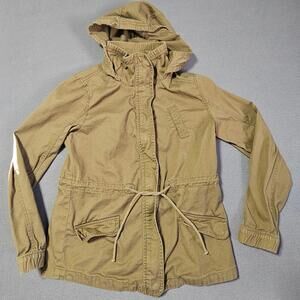 Army Style Jacket Hooded Womens Medium Y2K Style Greenish Brown Cinch Waist